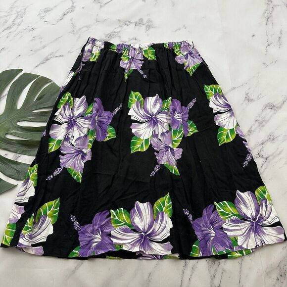 Womens Vintage Handmade Tropical Midi Skirt Size L Black Purple Floral Pull On - Picture 1 of 9